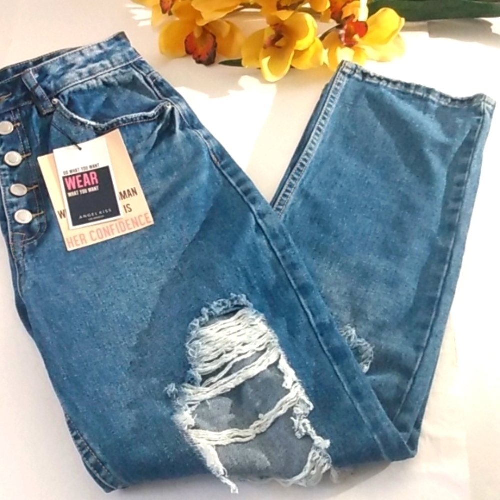 ANGEL KISS HIGH RISE BUTTON FLY STRAIGHT LEG DESTRUCTED RIGID JEANS SIZE 29